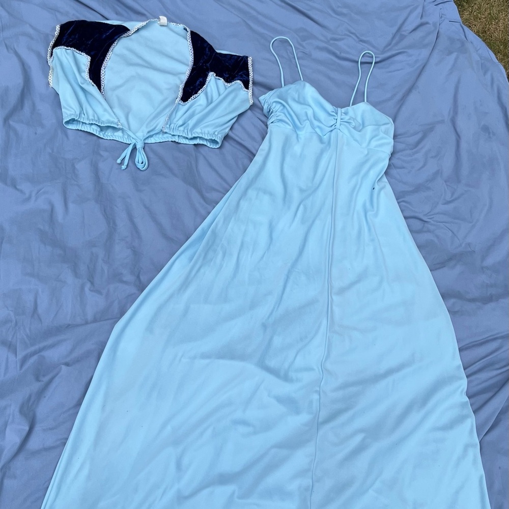 Vintage 60s 70s Prom Bridesmaid Maxi Dress Shrug Powder Blue Medium Two Piece